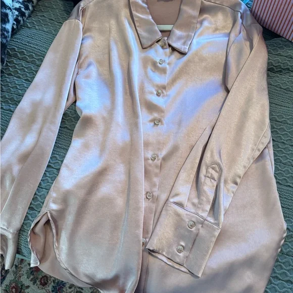 Mystree Satin Button Down Shirt in Blush - Picture 1 of 10